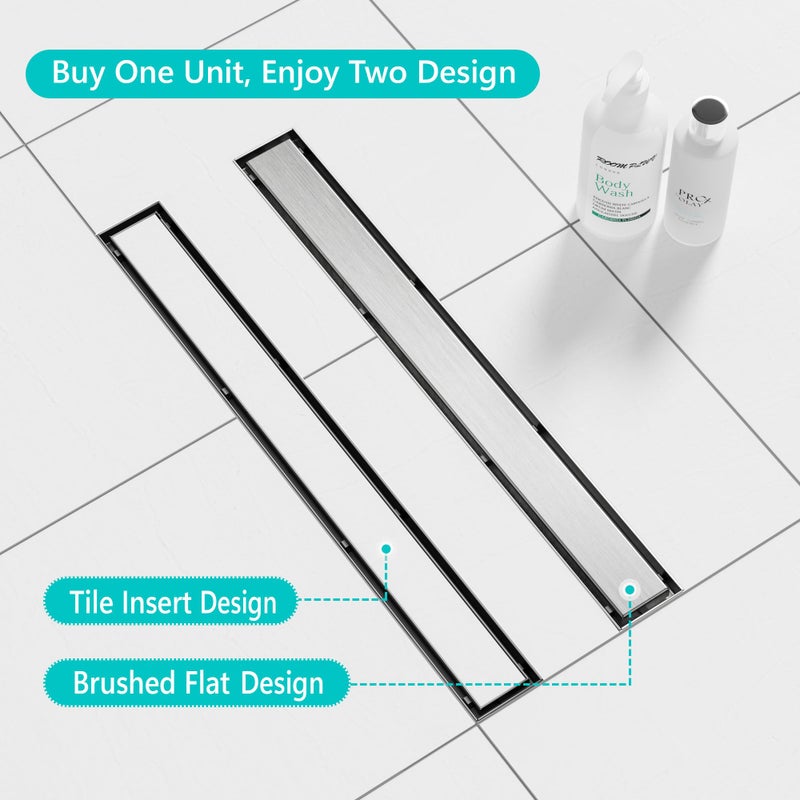Neodrain 28-Inch Linear Shower Drain- with 2-in-1 Flat & Tile Insert Cover, Brushed 304 Stainless Steel Rectangle Shower Floor Drain,Floor Shower Drain with Adjustable Leveling Feet, Hair Strainer - Image 3